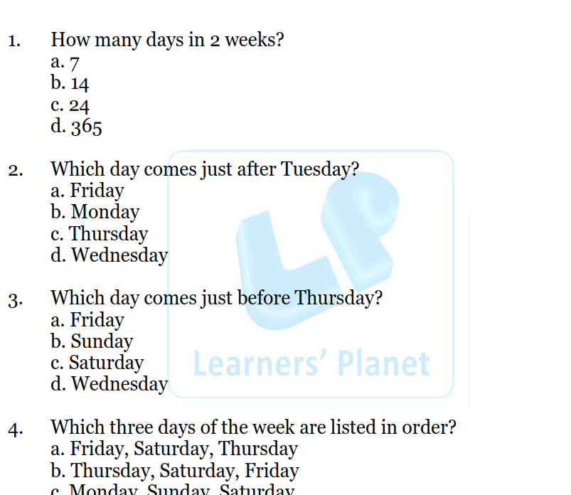 days of the week worksheet printable mcq